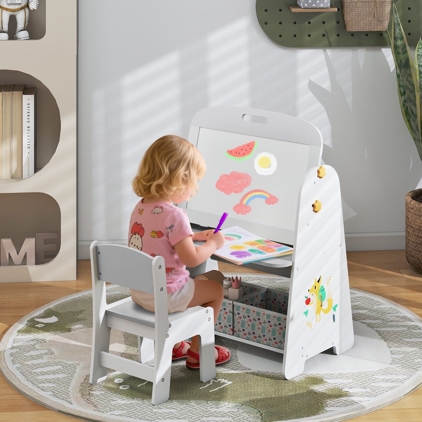 4-in-1 Art Easel and Bookshelf with Magnetic Whiteboard and Blackboard-Grey