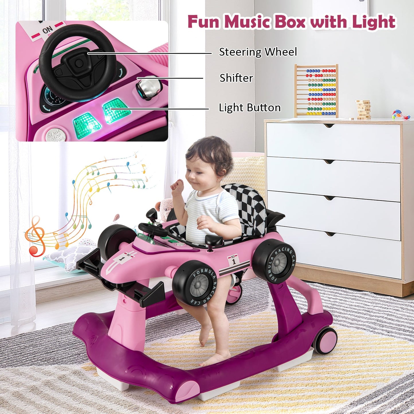 4-in-1 Baby Push Walker with Adjustable Height and Speed-Cream Pink
