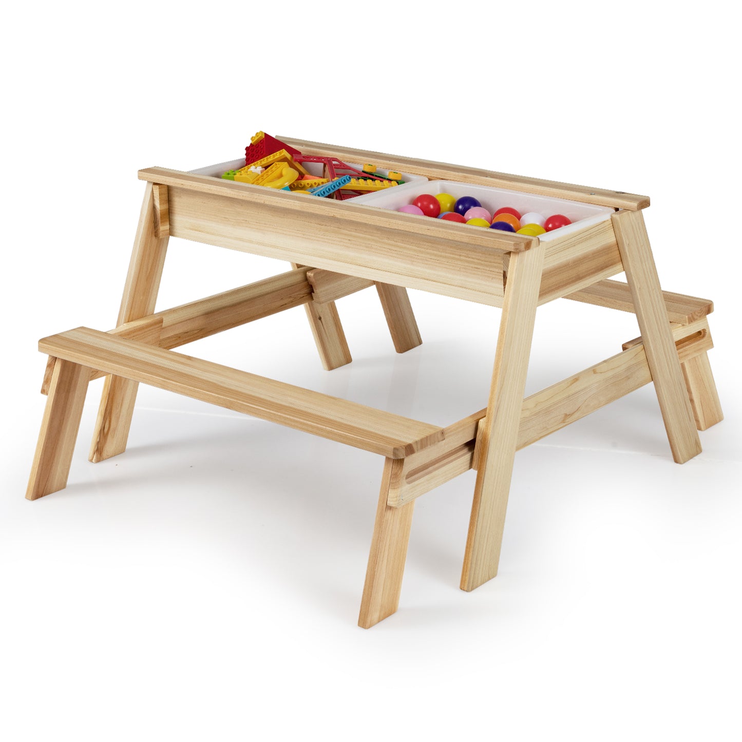 4 in 1 Wooden Table and Bench Set with Removable Top and 2 Storage Boxes-Natural