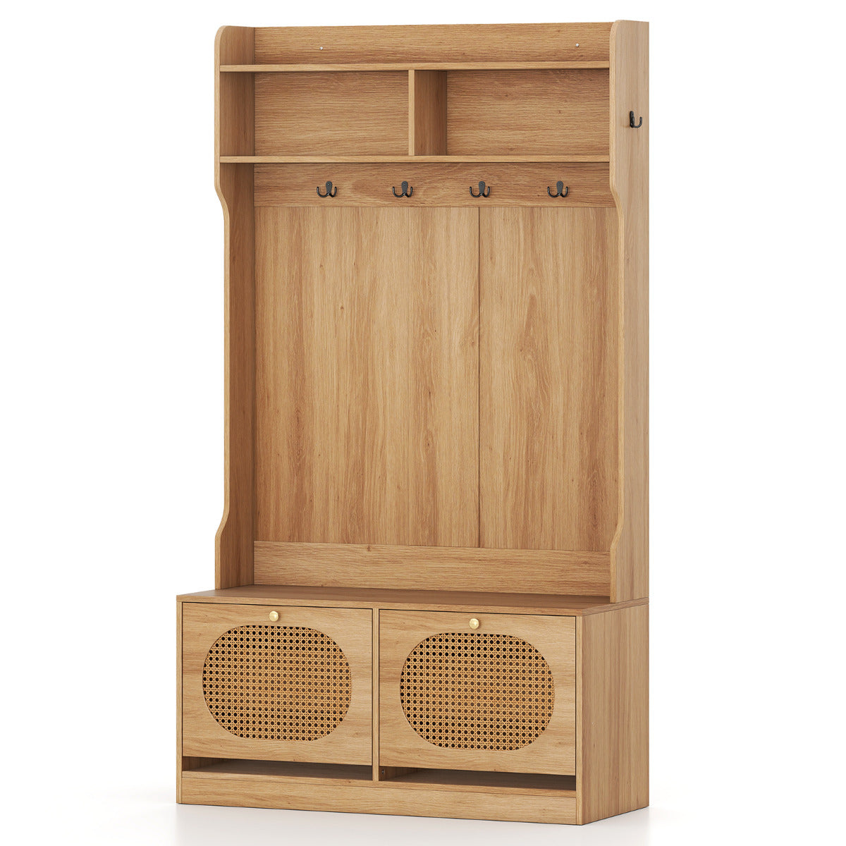 4-In-1 Hall Tree with Coat Rack and Flip Drawers-Natural