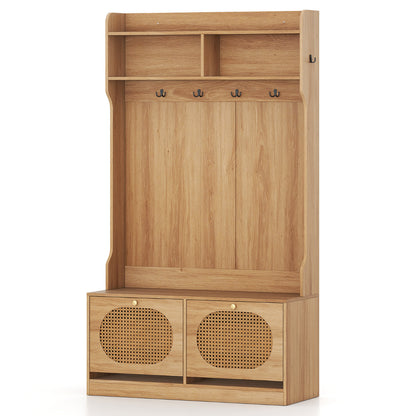 4-In-1 Hall Tree with Coat Rack and Flip Drawers-Natural