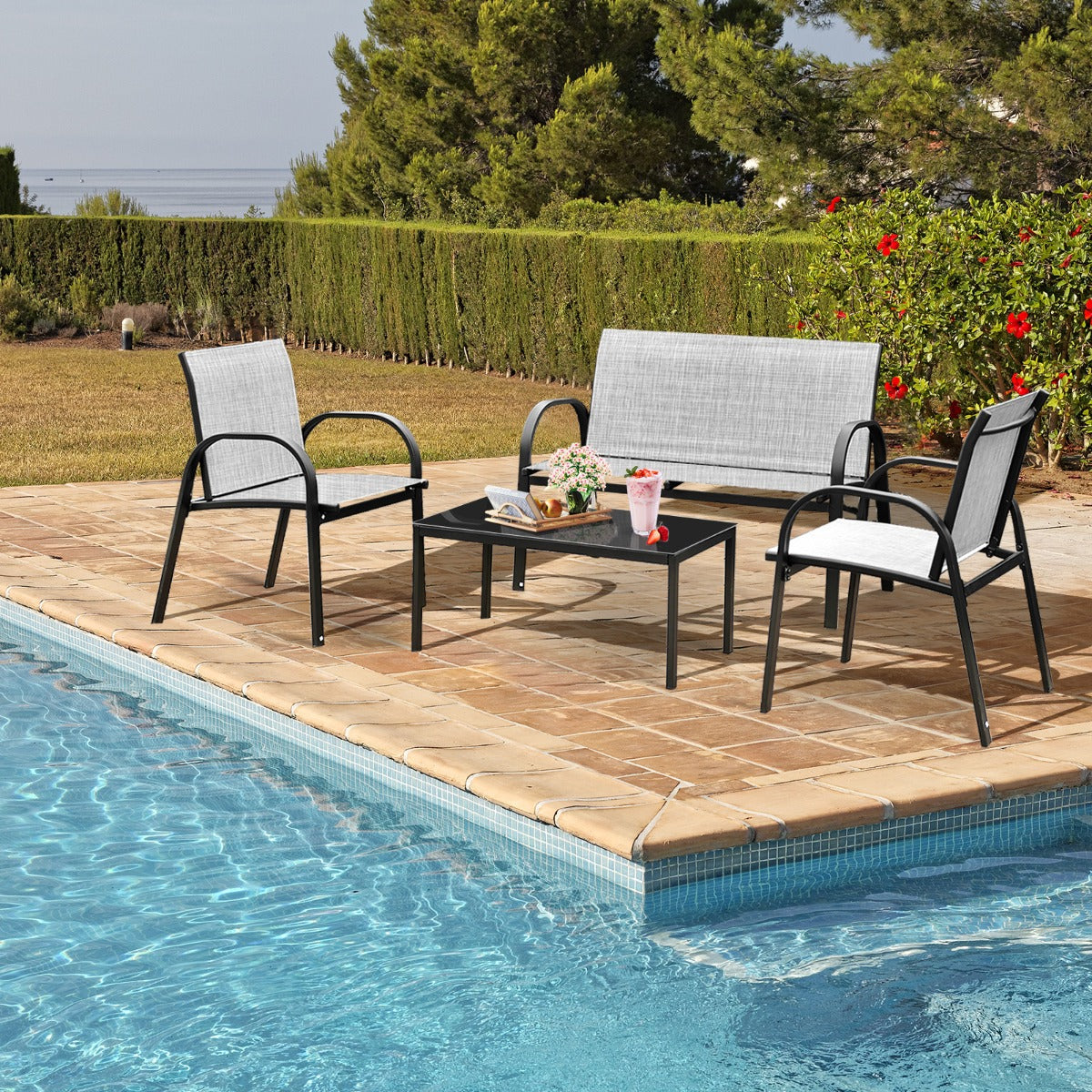 4 Piece Garden Furniture Set with loveseat for Patio Without Cushions-Grey