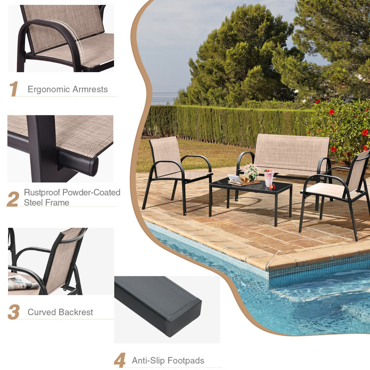 4 Piece Garden Furniture Set with loveseat for Patio Without Cushions-Brown