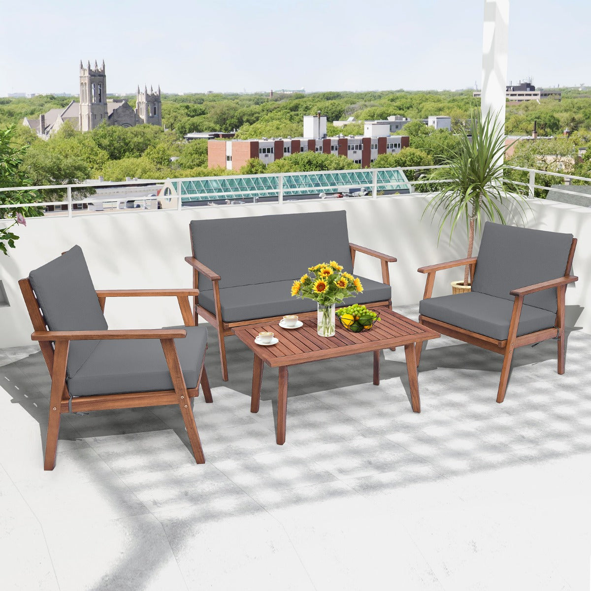 4 Piece Outdoor Conversation Set with Soft Seat and Back Cushions-Grey