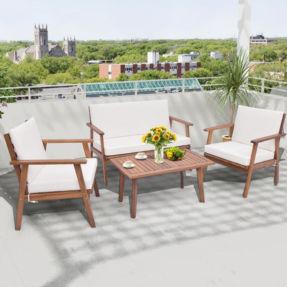 4 Piece Outdoor Conversation Set with Soft Seat and Back Cushions-White