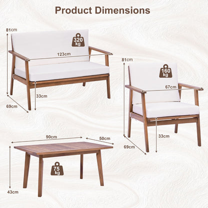 4 Piece Outdoor Conversation Set with Soft Seat and Back Cushions-White