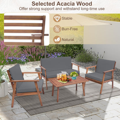 4 Piece Outdoor Conversation Set with Soft Seat and Back Cushions-Grey
