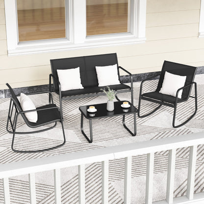 4 Piece Patio Rocking Set with Glass-Top Table-Black