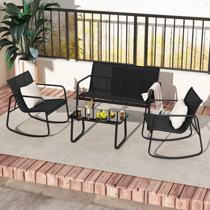 4 Piece Patio Rocking Set with Glass-Top Table-Black