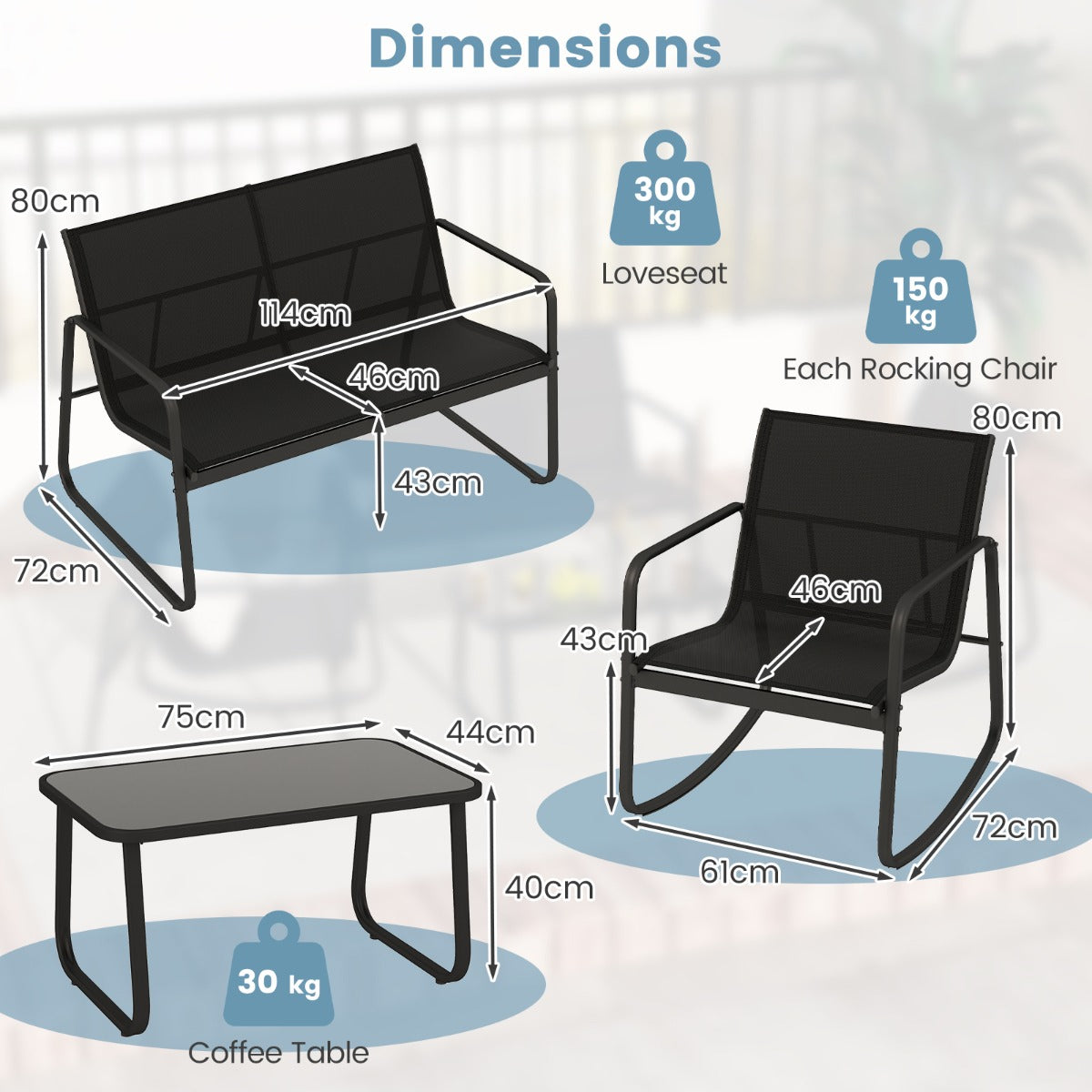 4 Piece Patio Rocking Set with Glass-Top Table-Black