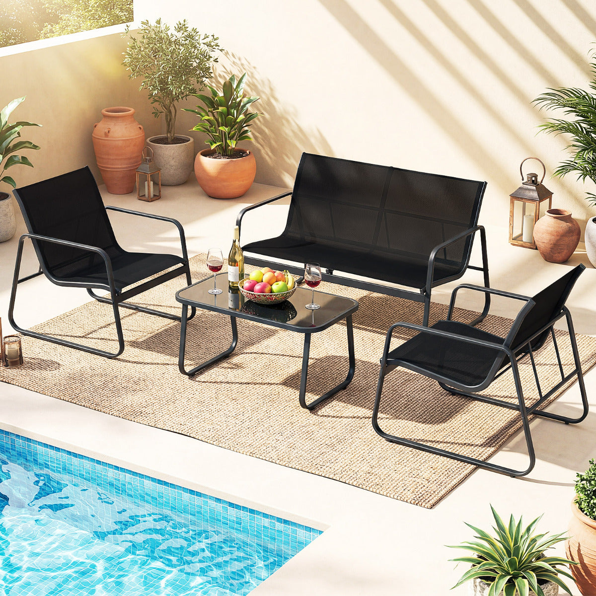 4 Pieces Patio Conversation Set with Cushions and Tempered Glass Coffee Table-Grey