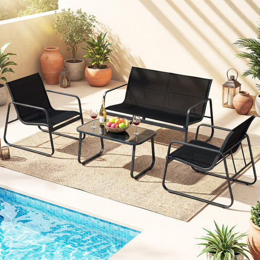 4 Pieces Patio Conversation Set with Cushions and Tempered Glass Coffee Table-Grey