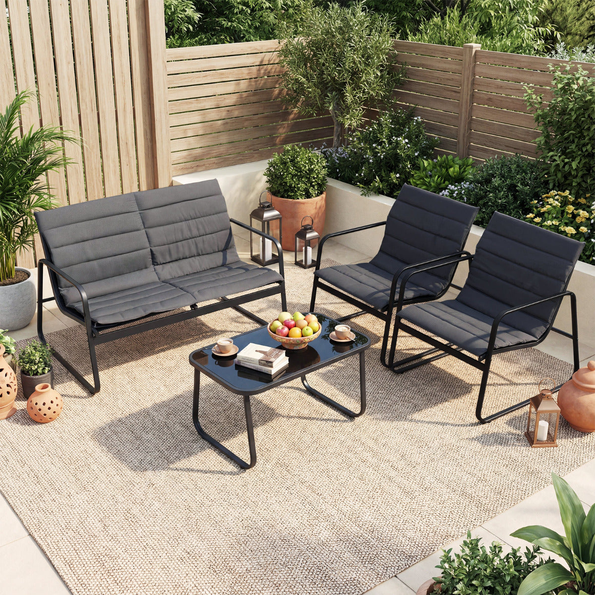 4 Pieces Patio Conversation Set with Cushions and Tempered Glass Coffee Table-Grey