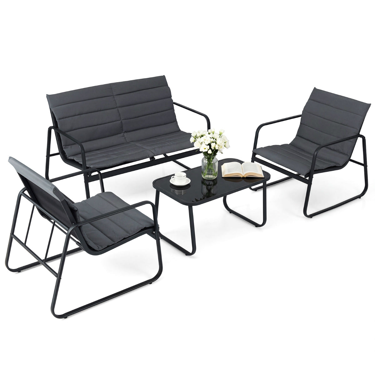 4 Pieces Patio Conversation Set with Cushions and Tempered Glass Coffee Table-Grey