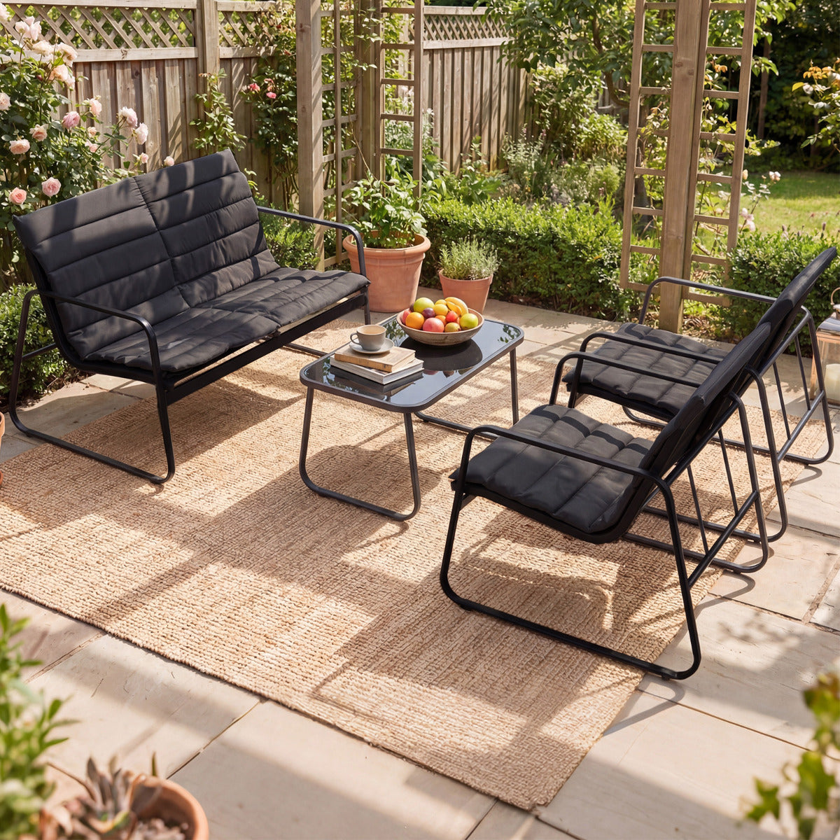 4 Pieces Patio Conversation Set with Cushions and Tempered Glass Coffee Table-Grey