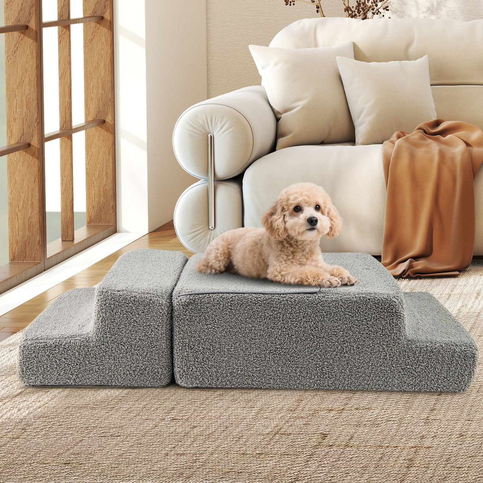 4-step Foam Dog Stairs with Non-slip Bottom and Removable Washable Cover-Grey