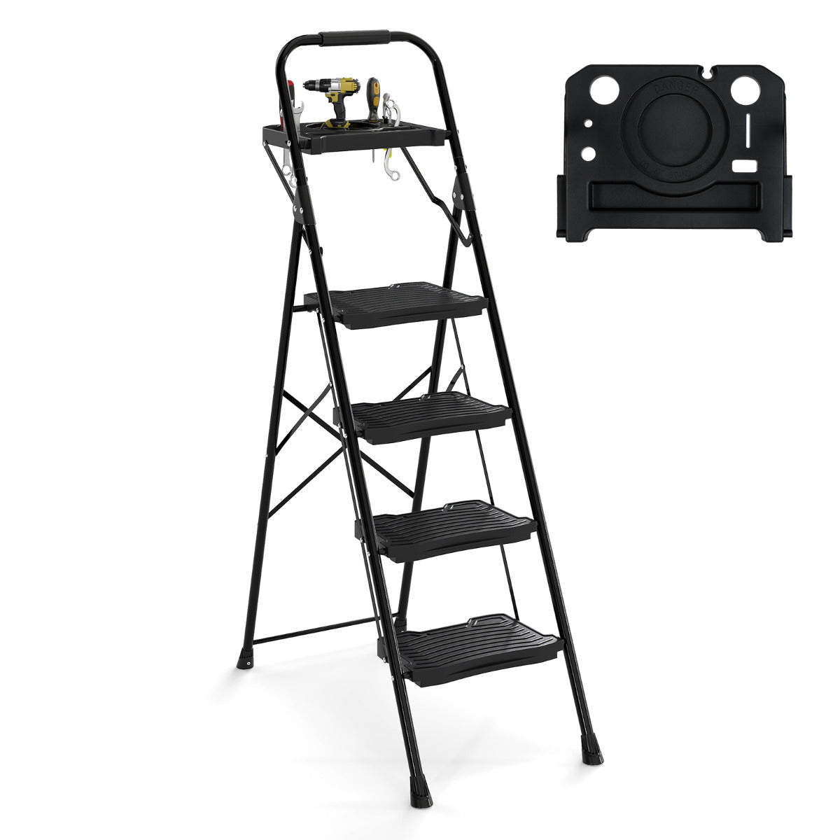 Heavy-Duty Metal 4 Step Ladder with Anti-Slip Wide Pedals-Black