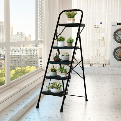 Heavy-Duty Metal 4 Step Ladder with Anti-Slip Wide Pedals-Black