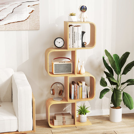 S-Shaped Bookcase Bamboo Bookshelf with 2 Open Cubes-4-Tier