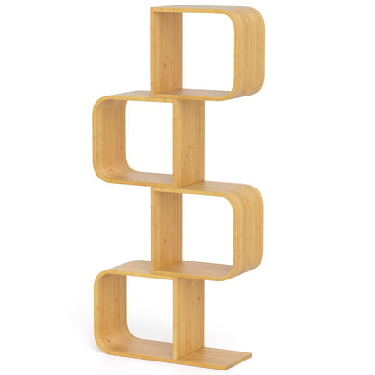 S-Shaped Bookcase Bamboo Bookshelf with 2 Open Cubes-4-Tier