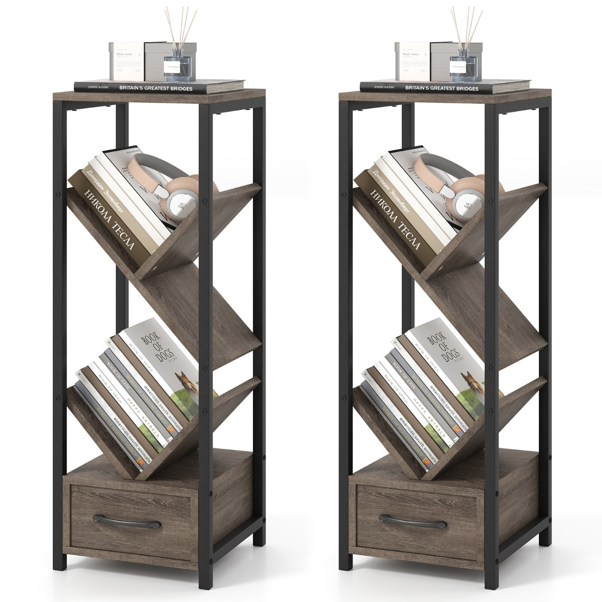 4 Tier Floor Standing Storage Organizer Tree Bookshelf with Drawer-Grey