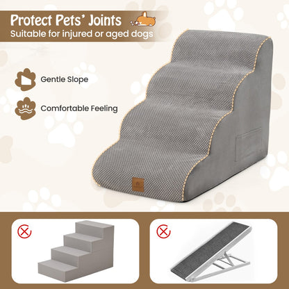 4-Tier Foam Dog Ramp with Washable Zippered Cover and Silicone Paw Prints-Grey