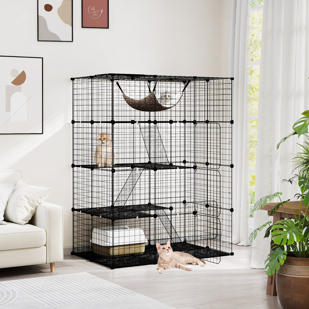 4 Tier Large Cat Enclosure with Comfy Hammock Ladders and Doors-Black