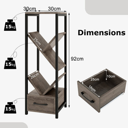 4 Tier Tree Bookshelf with Drawer and Metal Frame for Living Room Bedroom-Grey