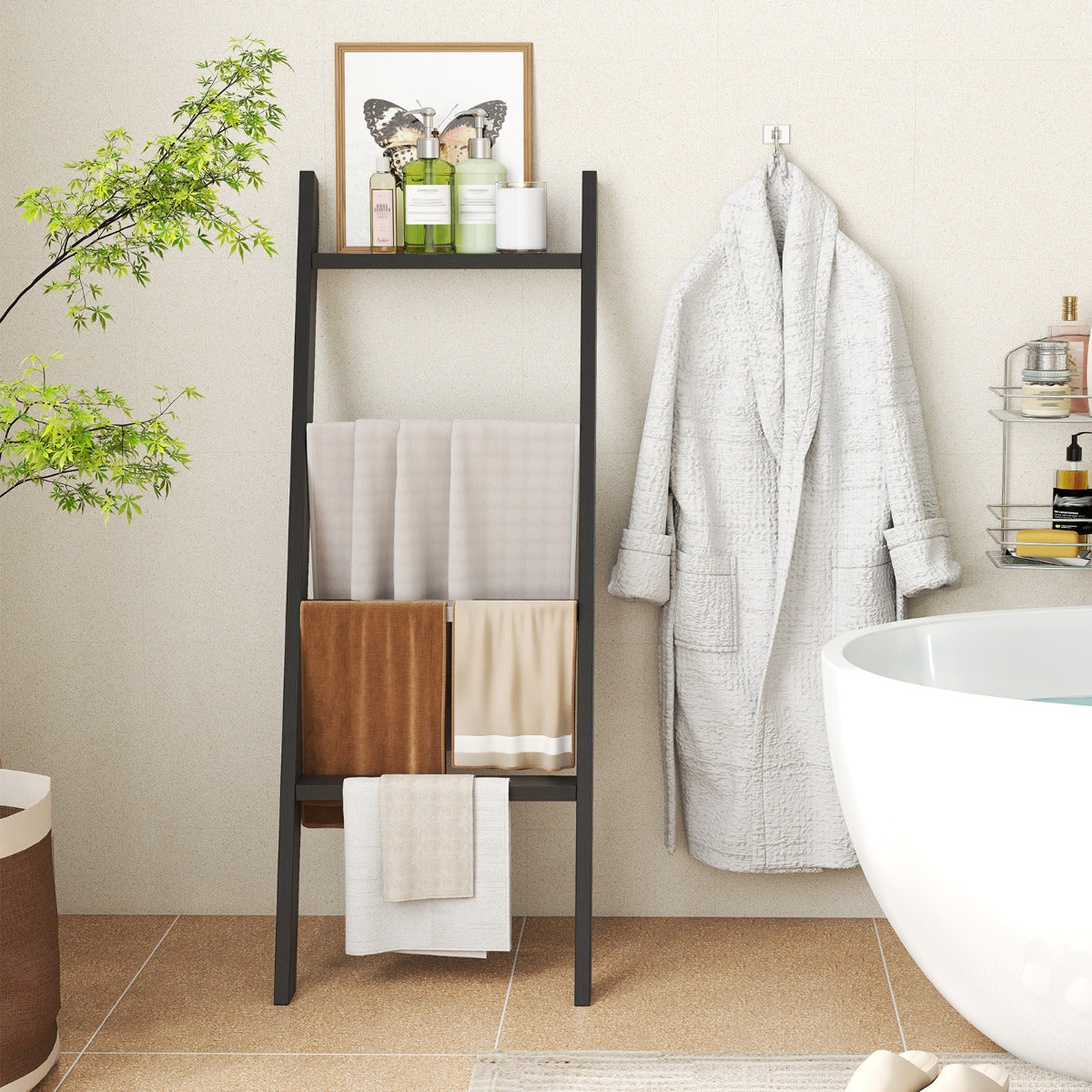 4-Tier Wooden Blanket Ladder 137 cm Wall Leaning Quilt Holder for Storage and Display-Black