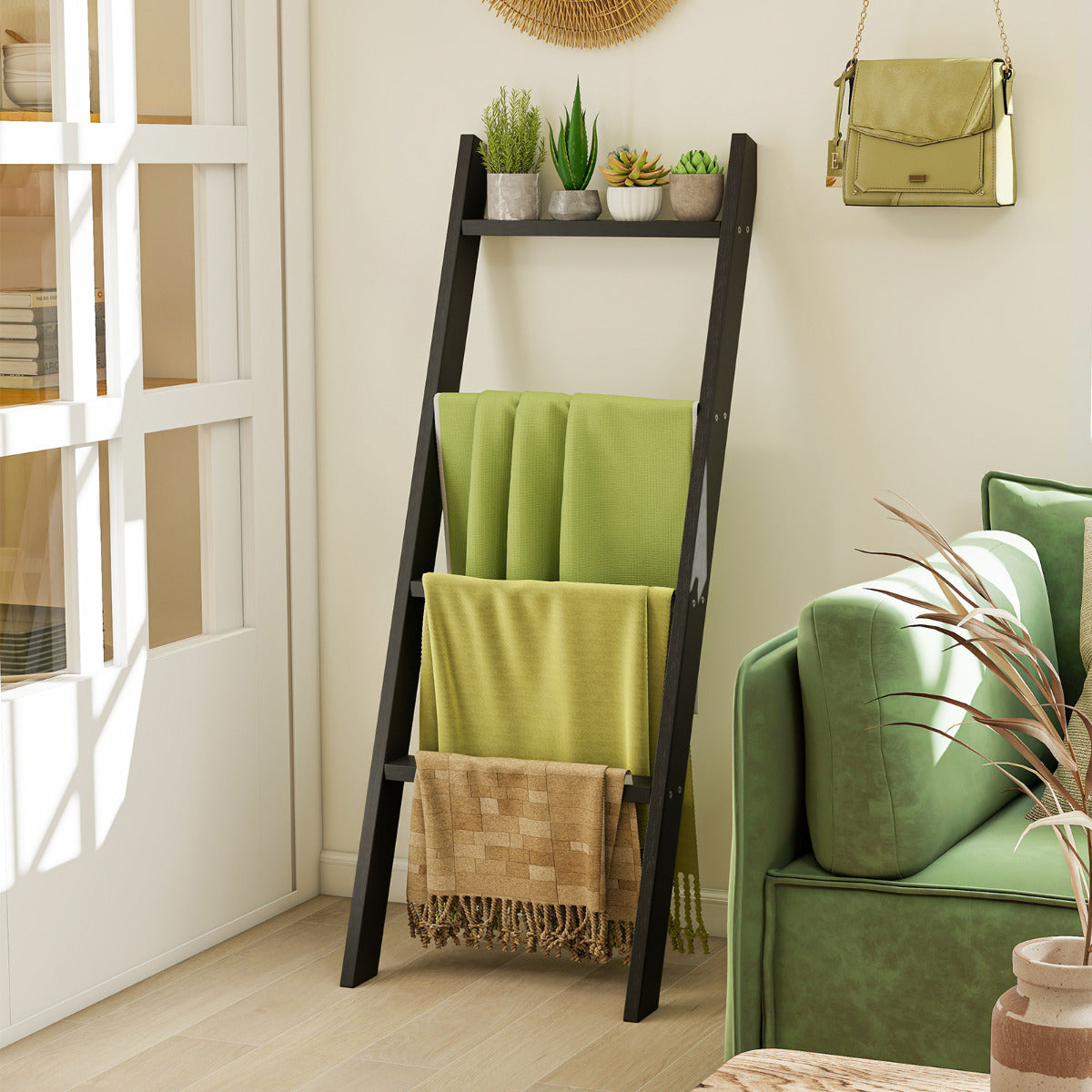 4-Tier Wooden Blanket Ladder 137 cm Wall Leaning Quilt Holder for Storage and Display-Black