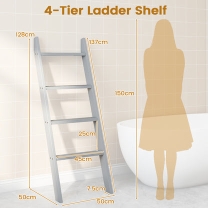 4-Tier Wooden Blanket Ladder 137 cm Wall Leaning Quilt Holder for Storage and Display-Grey