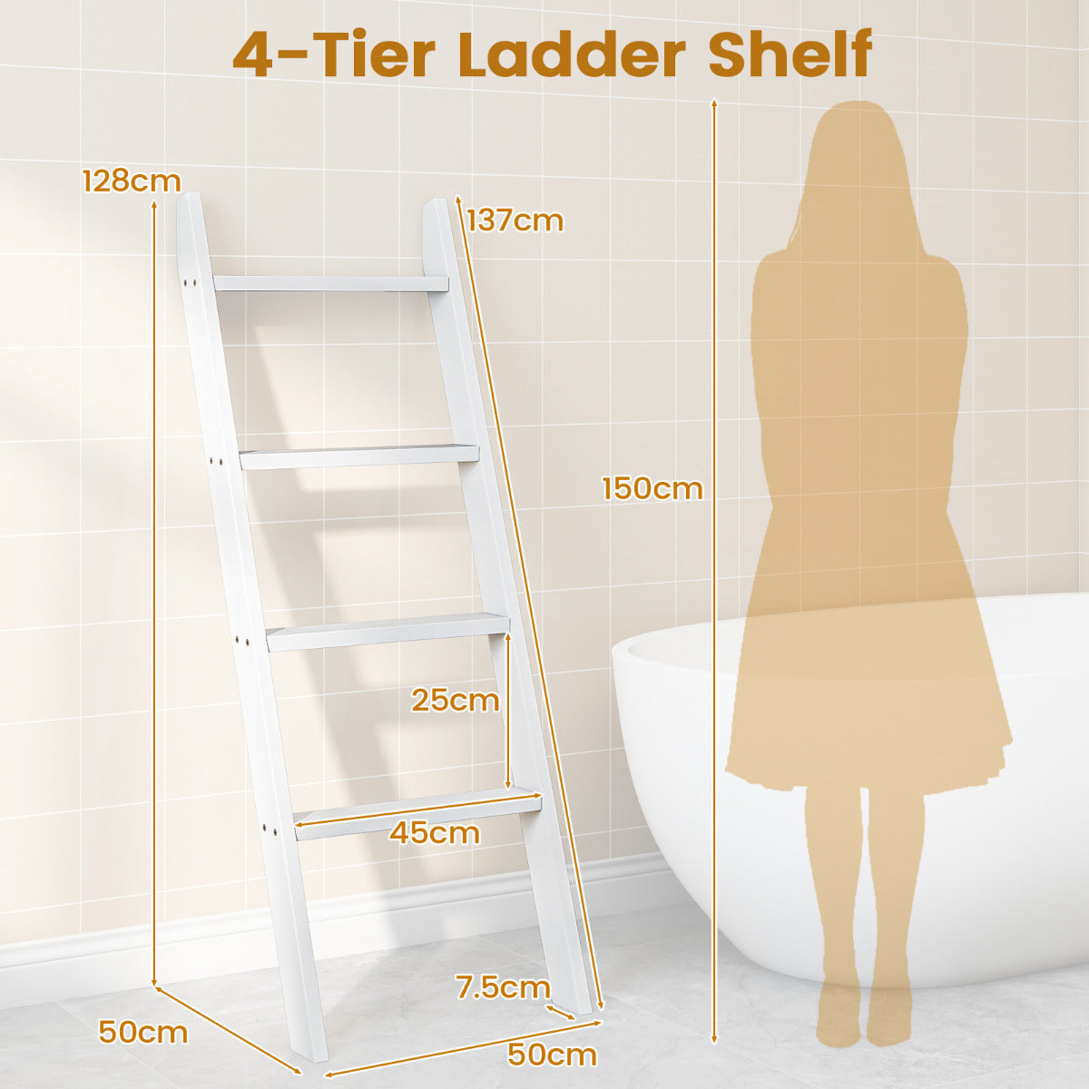 4-Tier Wooden Blanket Ladder 137 cm Wall Leaning Quilt Holder for Storage and Display-White