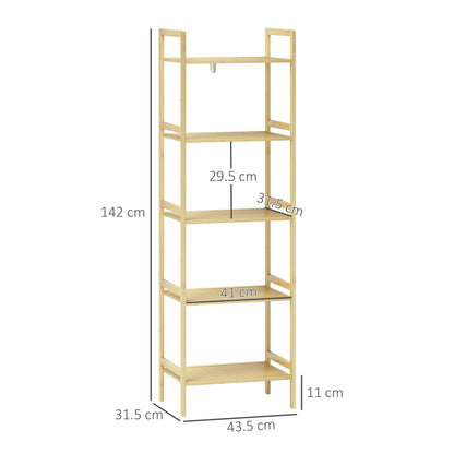 HOMCOM 5-Tier Bamboo Bathroom Storage Shelf, Freestanding Shelving Unit with Adjustable Rack for Kitchen Bathroom Living Room, Natural Wood Finish