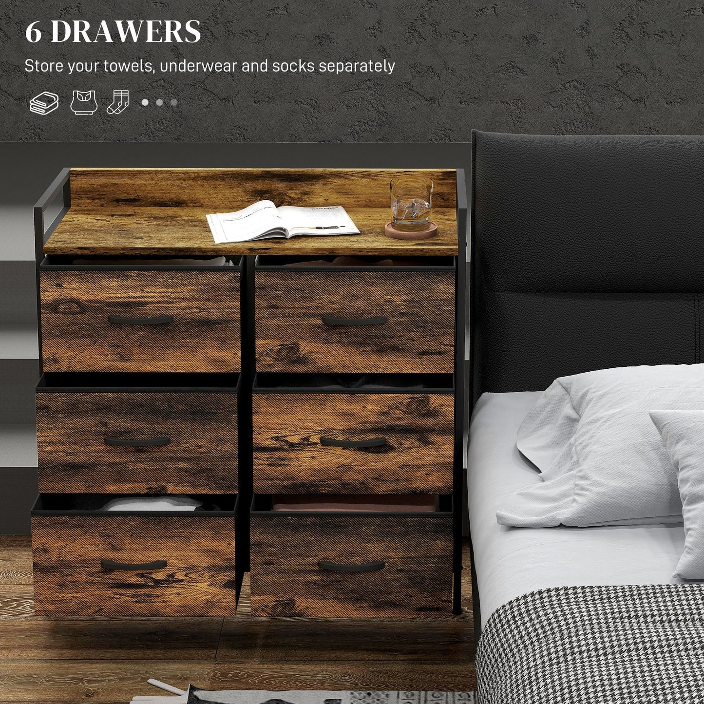 HOMCOM Rustic Chest of Six Fabric Drawers - Rustic Brown