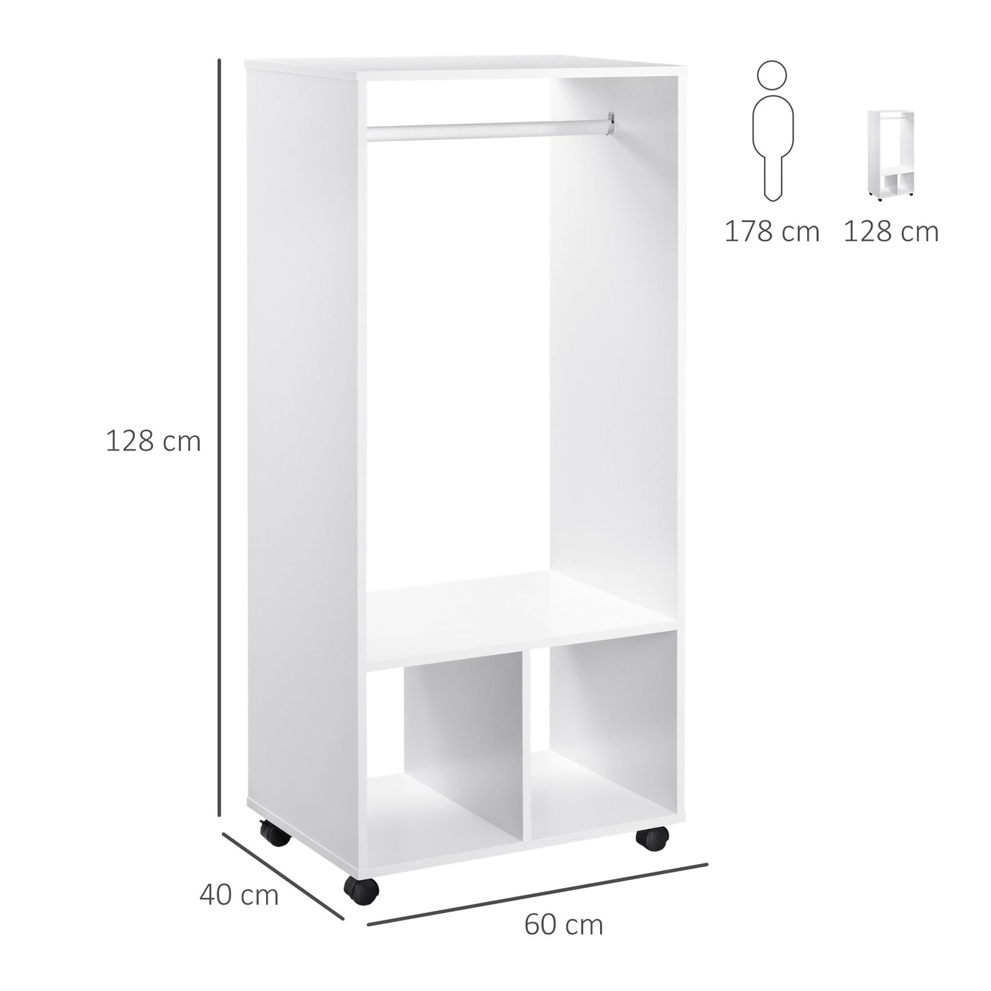 HOMCOM Open Wardrobe on Wheels, Bedroom Wardrobe with Clothes Hanging Rail, 2 Storage Shelves, Mobile Garment Rack for Cloakroom, Hallway, White
