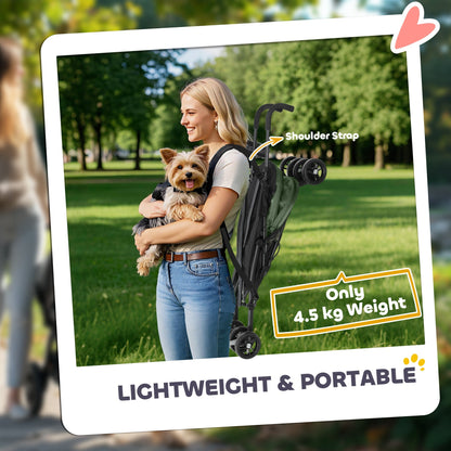 PawHut Foldable Dog Stroller, Lightweight Dog Pram w/ Shoulder Strap, Storage Bag, Cup Holder, Dark Green