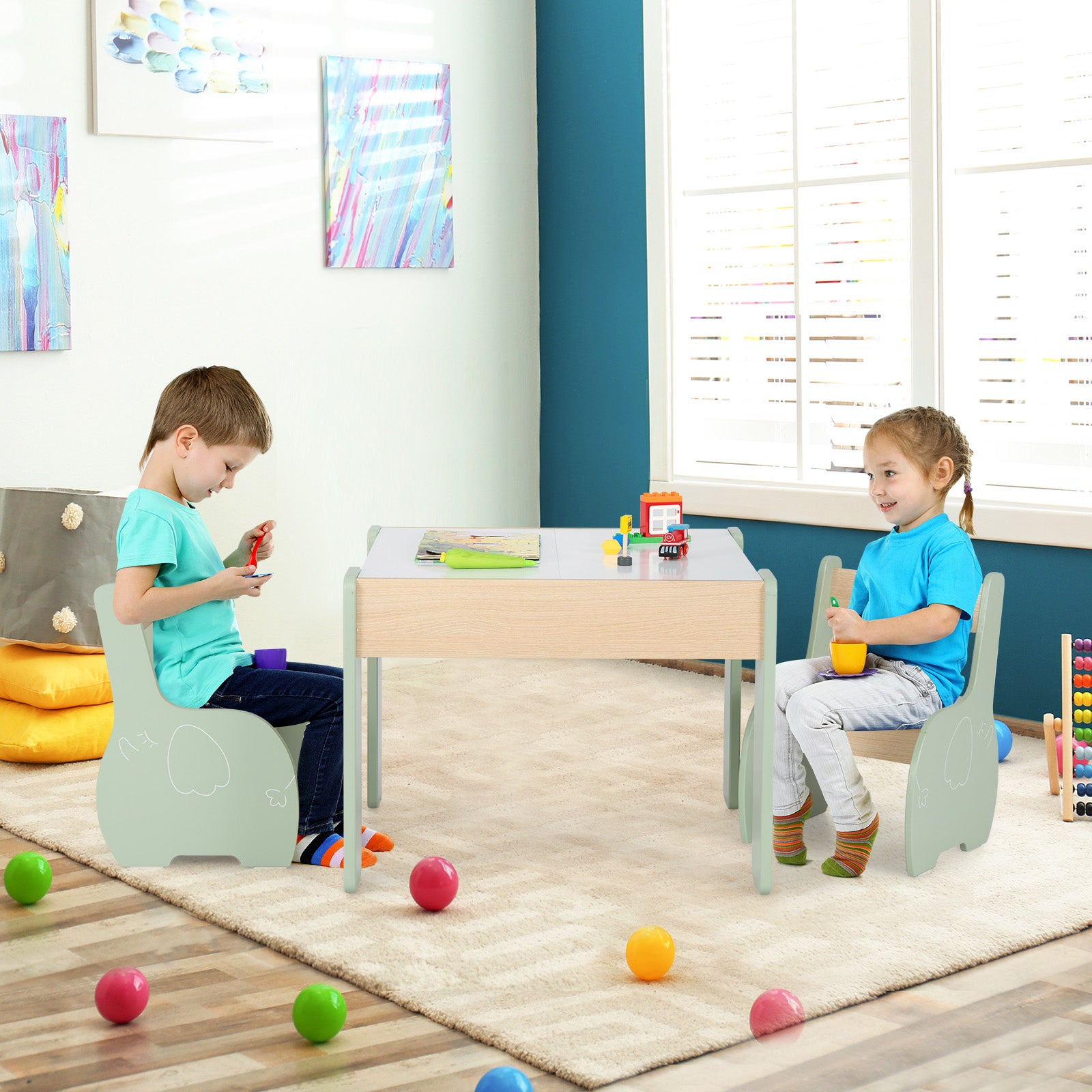 Wooden Kids Table and Chair Set with Hidden Storage-Green