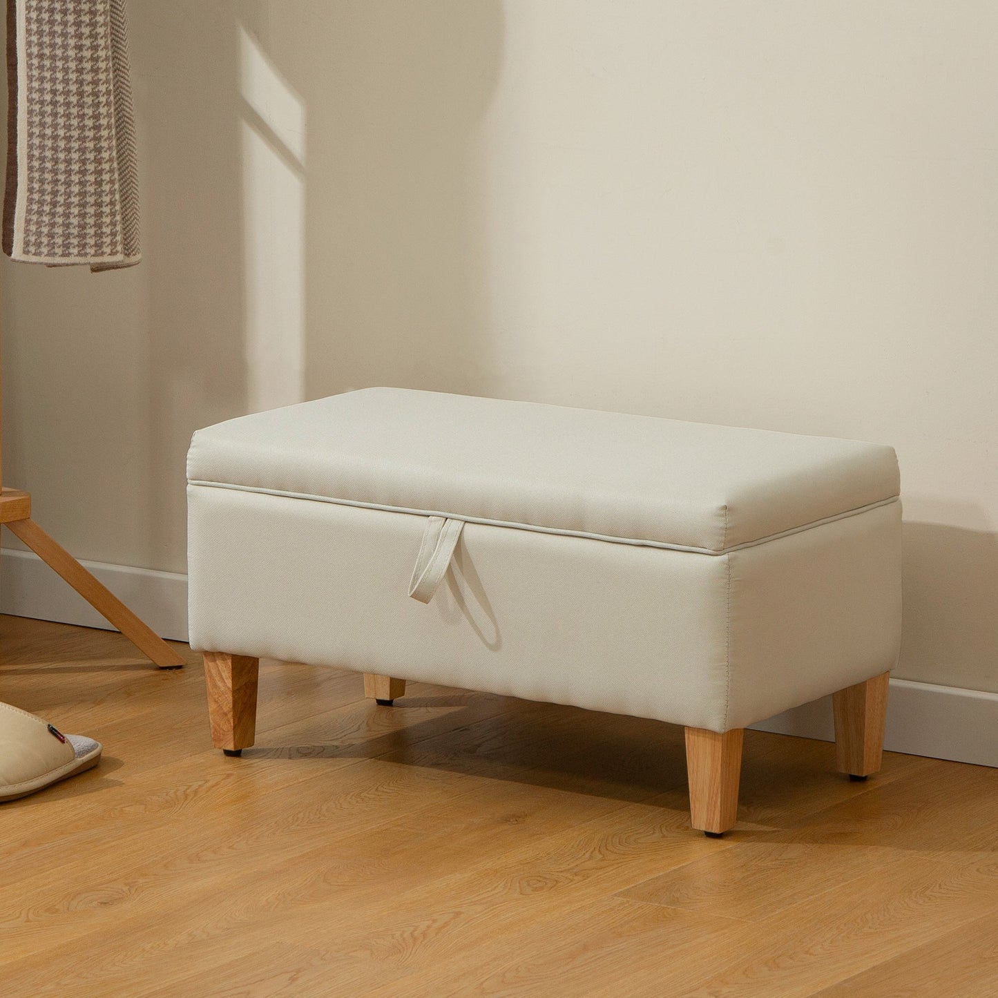 HOMCOM 30L Linen Storage Ottoman Padded Footstool with Rubberwood Legs for Storage Box, Bed End, Shoe Bench, Seating, Beige