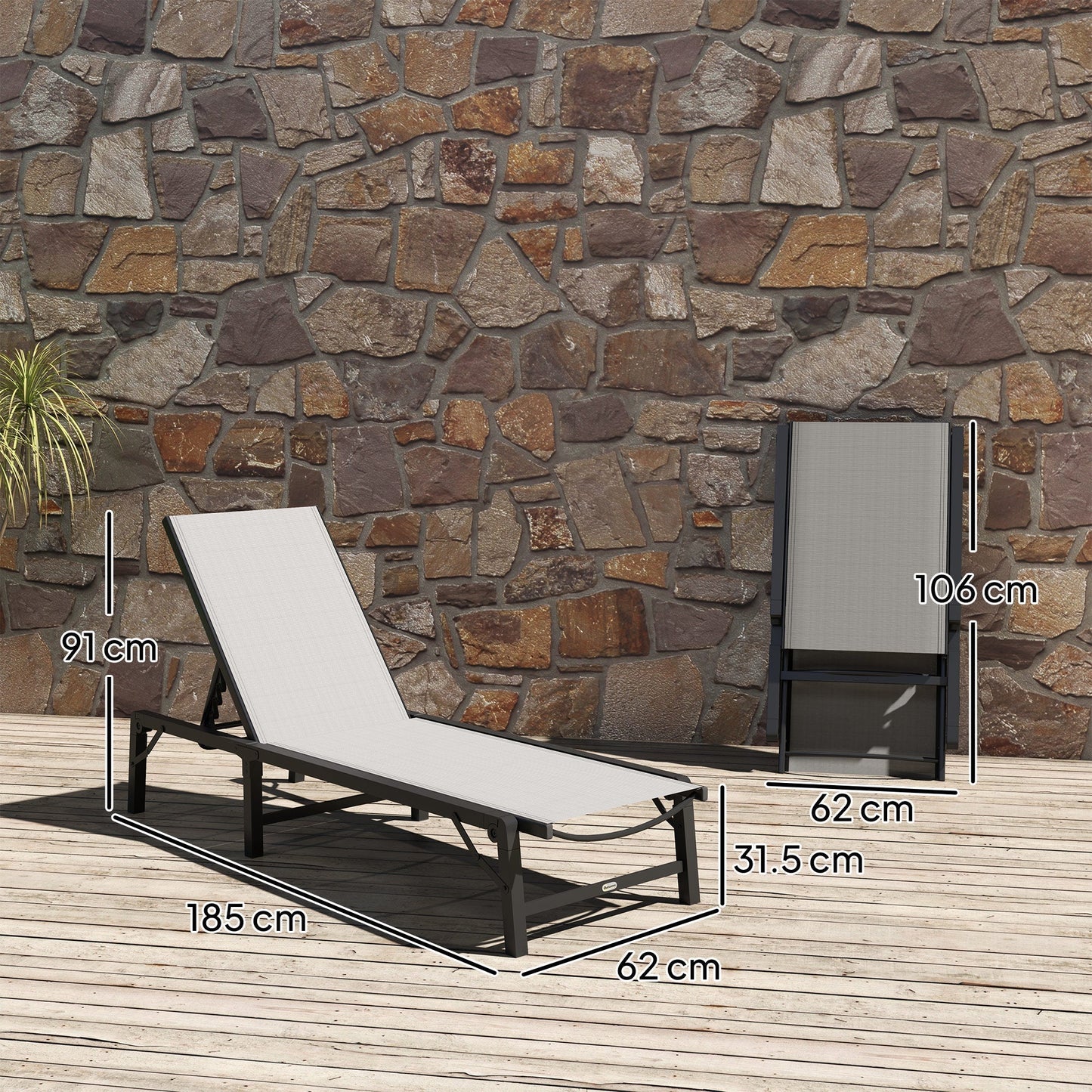 Outsunny Folding Sun Lounger Set of 2, 5-Position Adjustable Reclining Garden Loungers, Garden Chaise Lounge Sunbed Recliner Chairs with Steel Frame for Beach, Porch, Patio, Camping, Light Grey