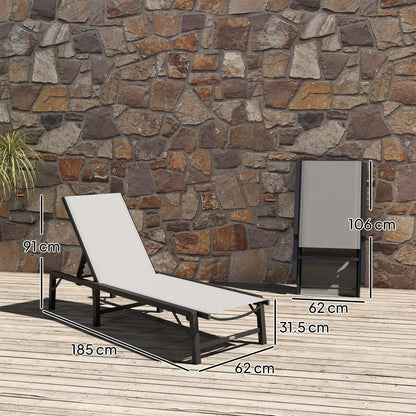 Outsunny Folding Sun Lounger Set of 2, 5-Position Adjustable Reclining Garden Loungers, Garden Chaise Lounge Sunbed Recliner Chairs with Steel Frame for Beach, Porch, Patio, Camping, Light Grey