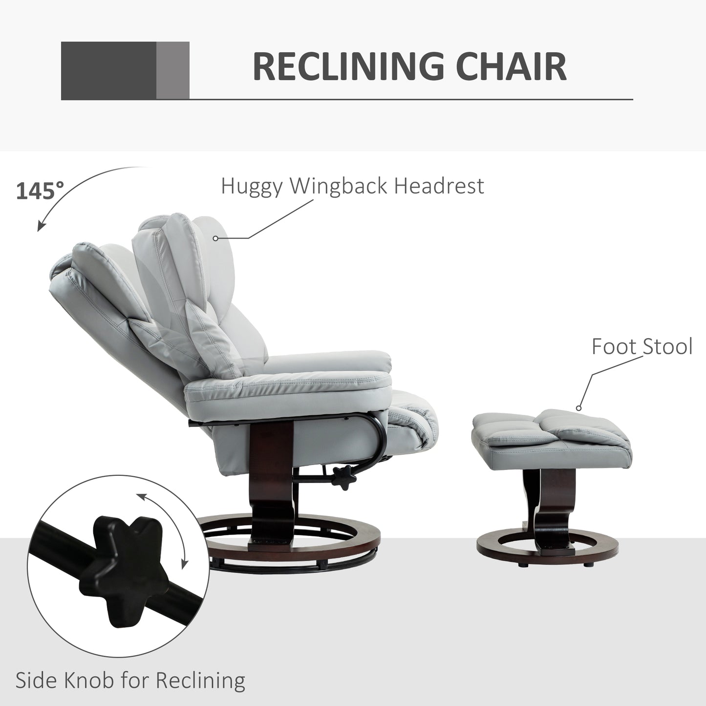 HOMCOM 360Â° Swivel Recliner Chair with Footstool, PU Leather Manual Recliner Armchair with Footstool, Solid Wood Base, Upholstered Reclining Chair for Living Room, Bedroom, Office, Light Grey