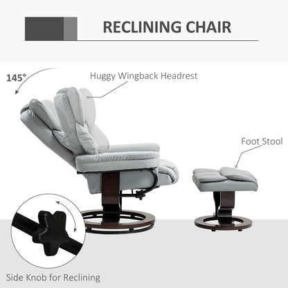 HOMCOM 360Â° Swivel Recliner Chair with Footstool, PU Leather Manual Recliner Armchair with Footstool, Solid Wood Base, Upholstered Reclining Chair for Living Room, Bedroom, Office, Light Grey