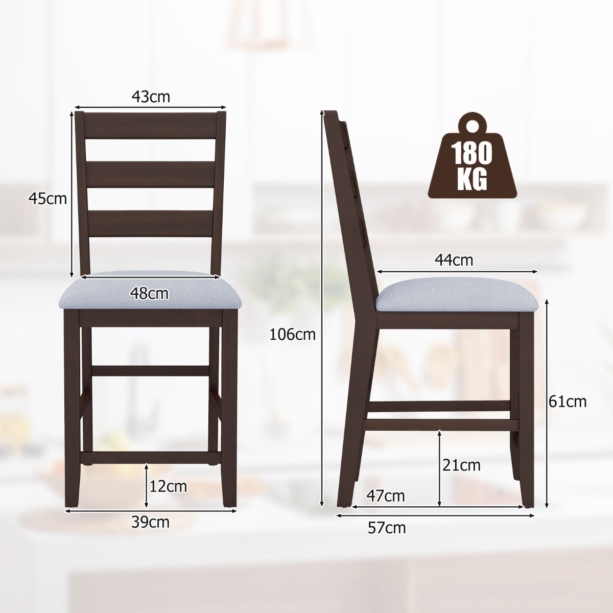 4-Piece Counter Height Bar Stool Set with Padded Seat and Rubber Wood Legs