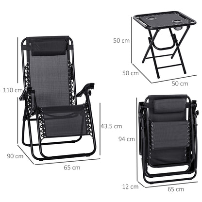 Outsunny Folding Zero Gravity Chairs, 3 Pieces Adjustable Sun Lounger and Table Set with Cup Holder and Headrest, Patio Bistro Set with Reclining Garden Chairs for Outdoor, Black
