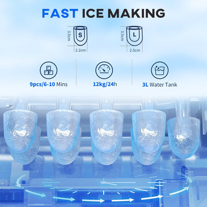 HOMCOM 3L Ice Maker Machine and Water Dispenser, 12kg in 24H, 2 Sizes 9 Ice Cubes Ready in 6-10 Mins Ice Machine, Red