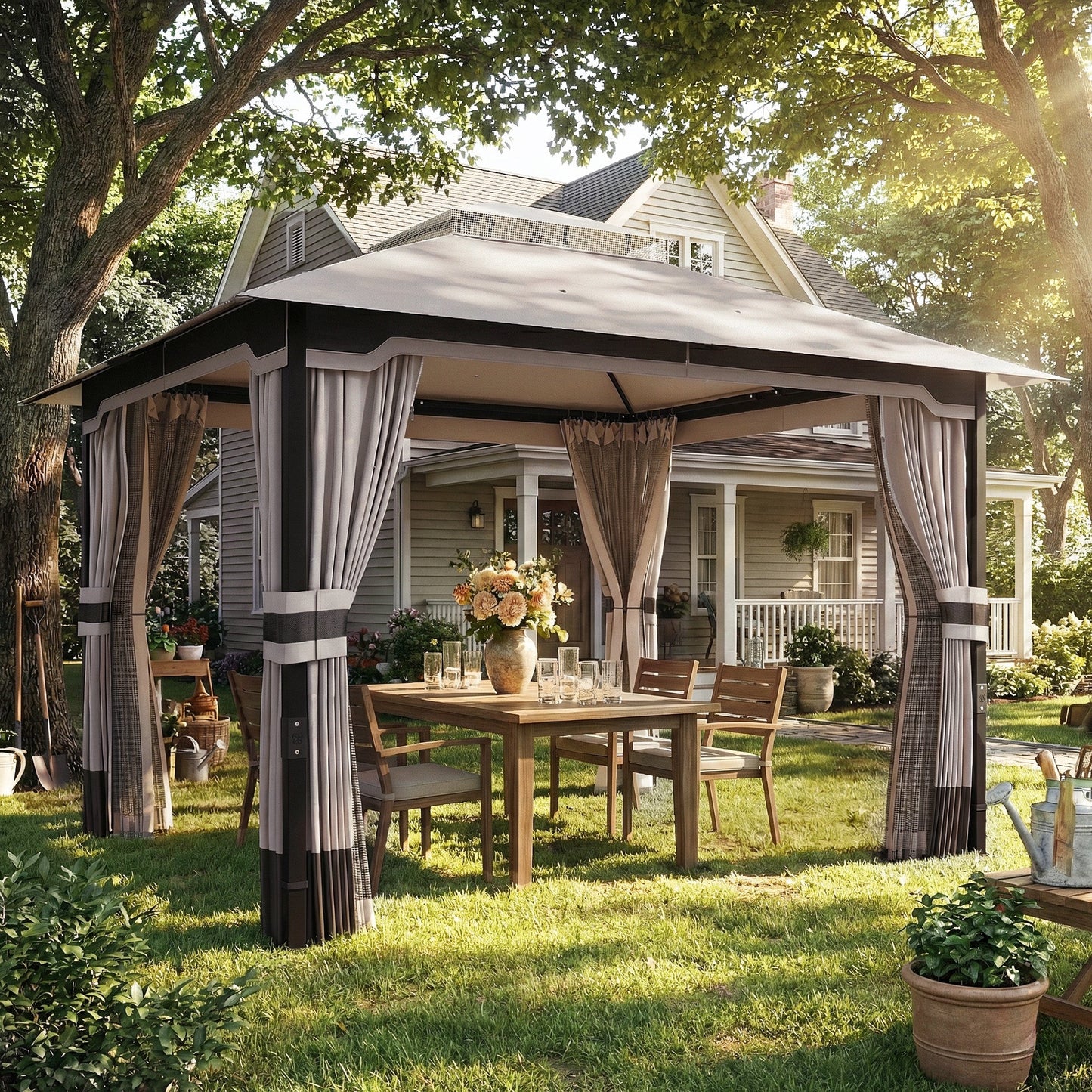 Outsunny 3 x 3.6 m Outdoor Garden Gazebo with Netting and Curtains, DoubleÂ Roof Patio Gazebo Permanent Pavilion, Khaki