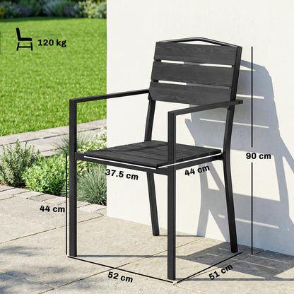 Outsunny Stackable Garden Chairs Set of 4, Garden Dining Chairs with Slatted HDPE Seat Back, Armrests, Metal Frame, Black