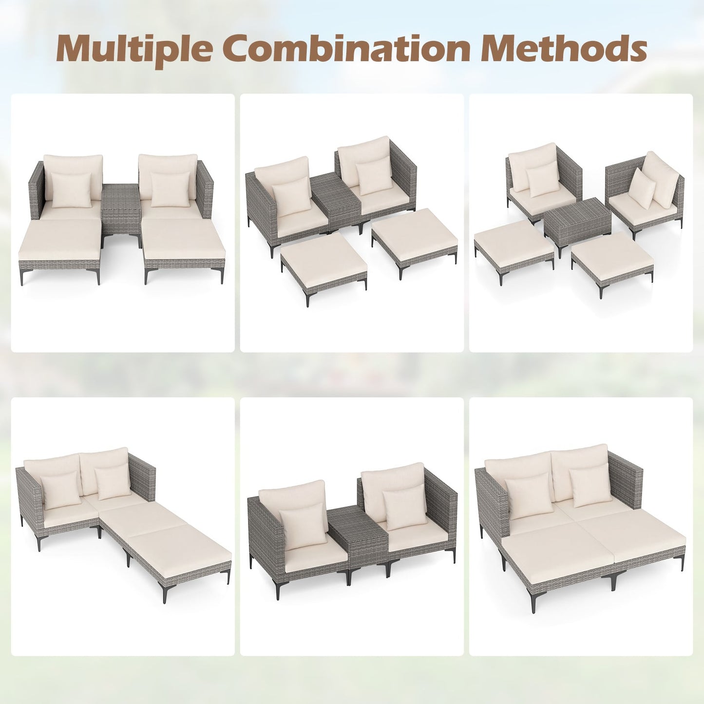 5-Piece Patio Conversation Set with 2 Armchairs 2 Ottomans and Side Table-Beige