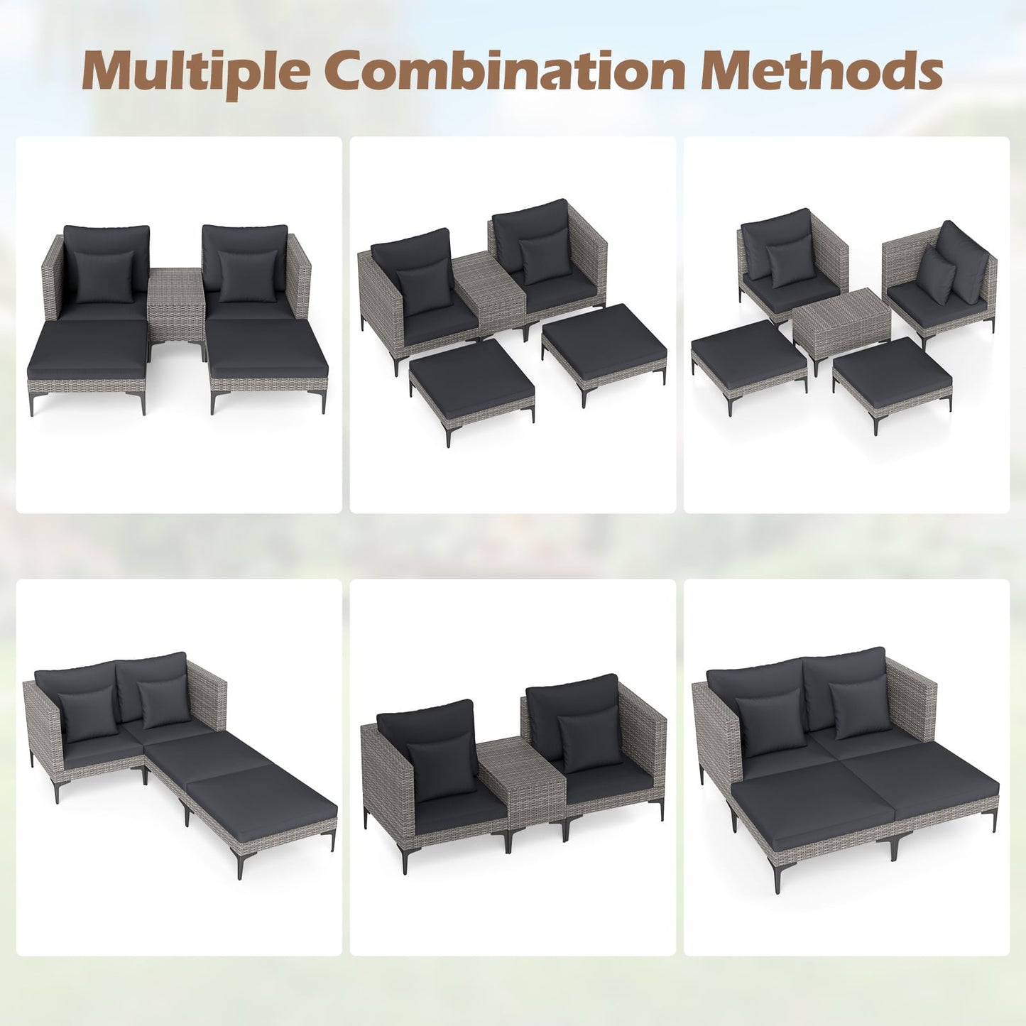 5-Piece Patio Conversation Set with 2 Armchairs 2 Ottomans and Side Table-Dark Grey