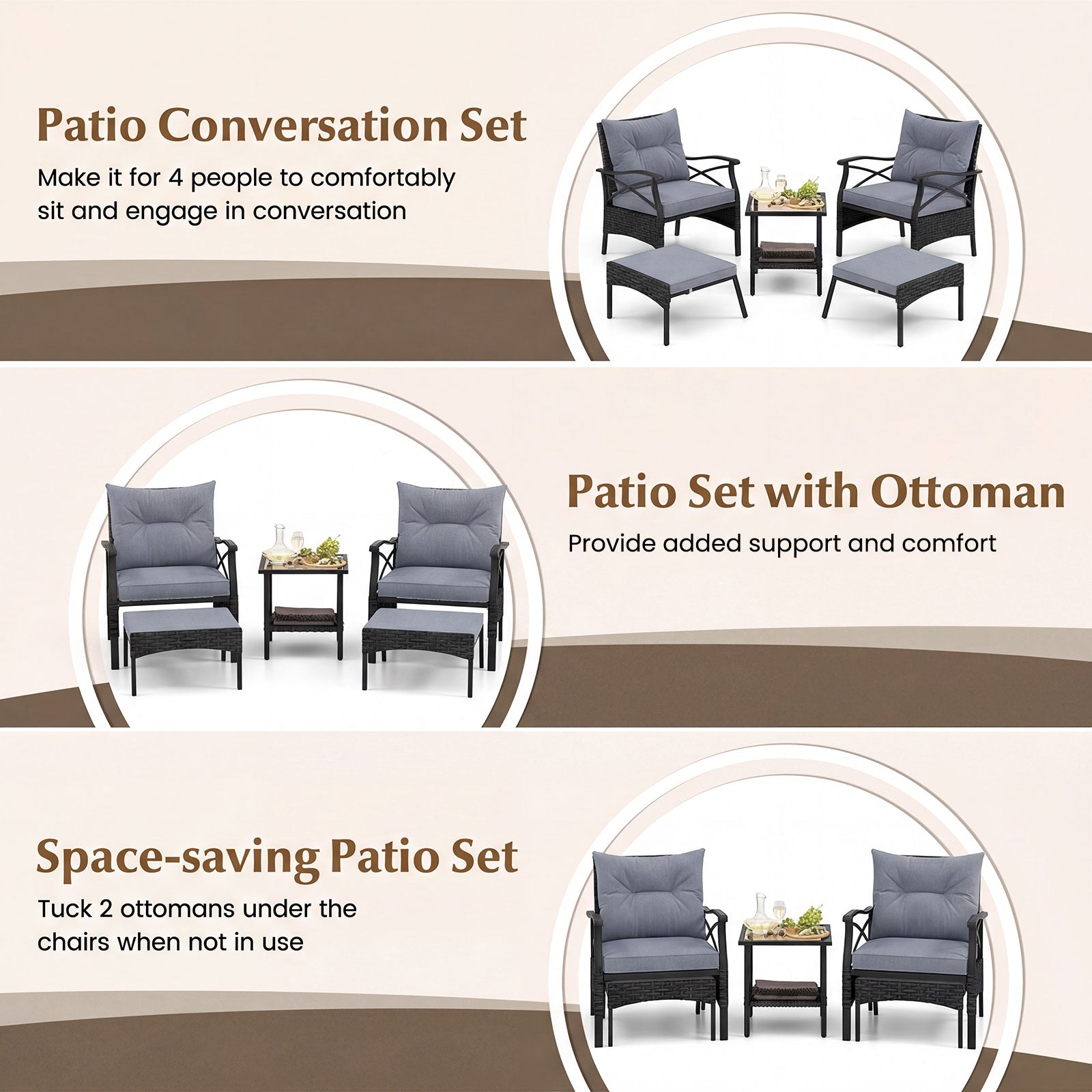 5 Piece Patio Furniture Set with Soft Seat and Back Cushions Included-Grey